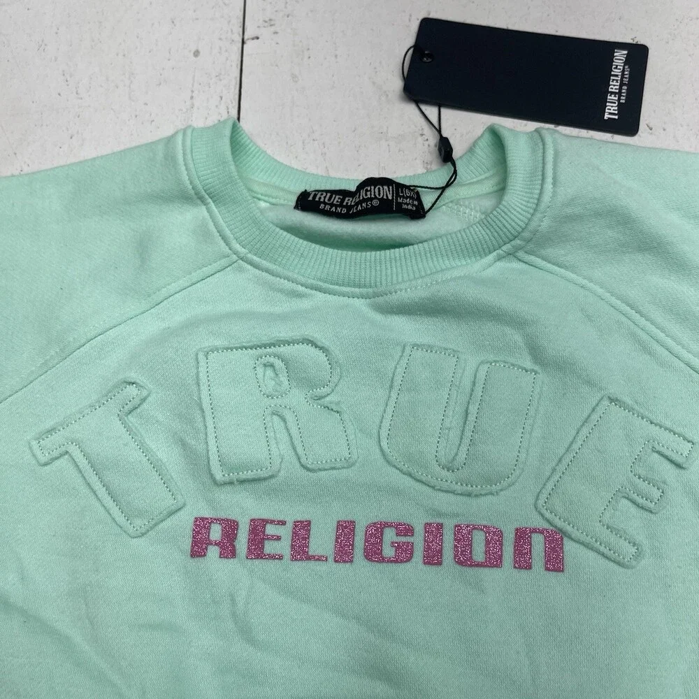 True Religion Mint Blue Logo Pullover Sweatshirt & Shorts Outfit Youth Girls 6x